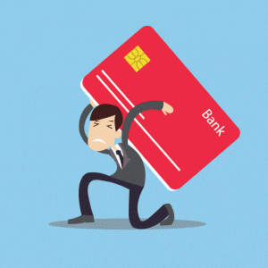 Man holding credit card that is weighing him down.