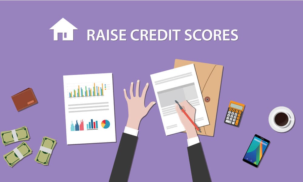 How to raise your credit score Illustration of person writing on document with money, coffee, smartphone, wallet, and calculator on desk
