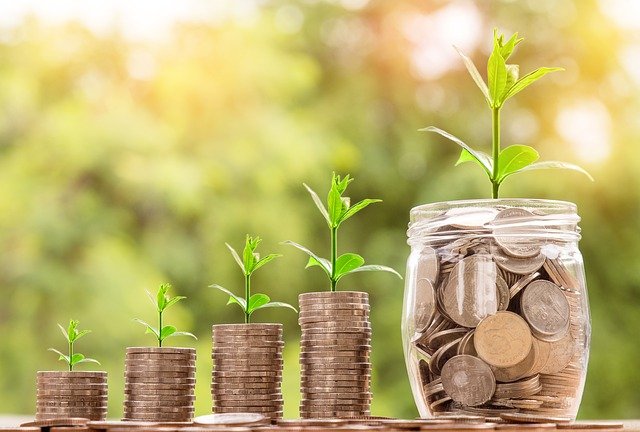 Money Growth Stacks of coins gradually increasing in height with plants sprouting from them