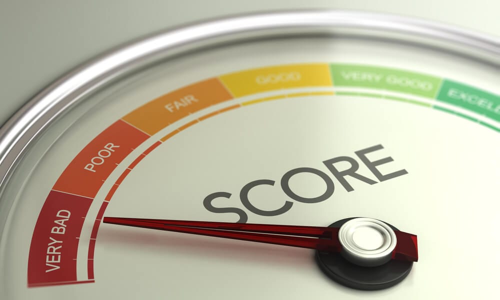 3D illustration of a conceptual gauge with needle pointing to very bad credit score