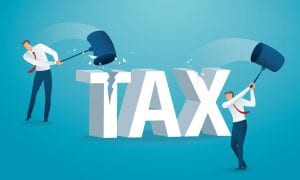 Illustrated Man destroying the word tax with a hammer