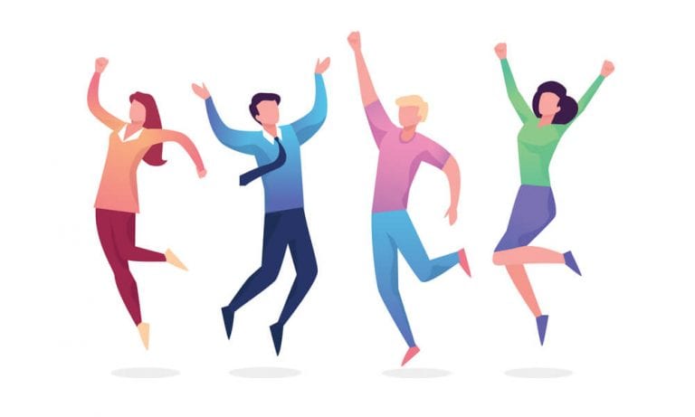 Happy group celebration Illustrated group of people on white background jumping for joy and celebrating