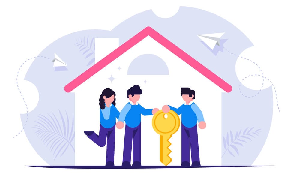 Illustration of couple buying home from realtor