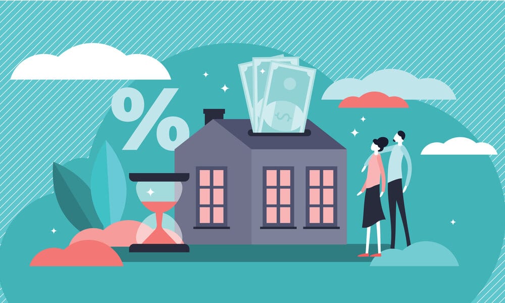 Illustration of mortgage with house, money, and couple looking at it