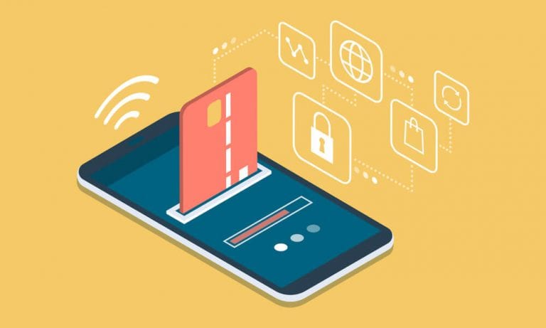 Mobile phone illustration with credit card being inserted into it