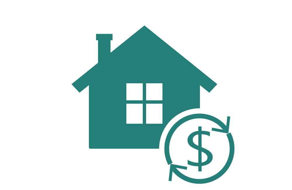 Green house icon and dollar symbol with rotating arrows around it