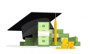 Graduation cap sitting on top of pile of money and coins