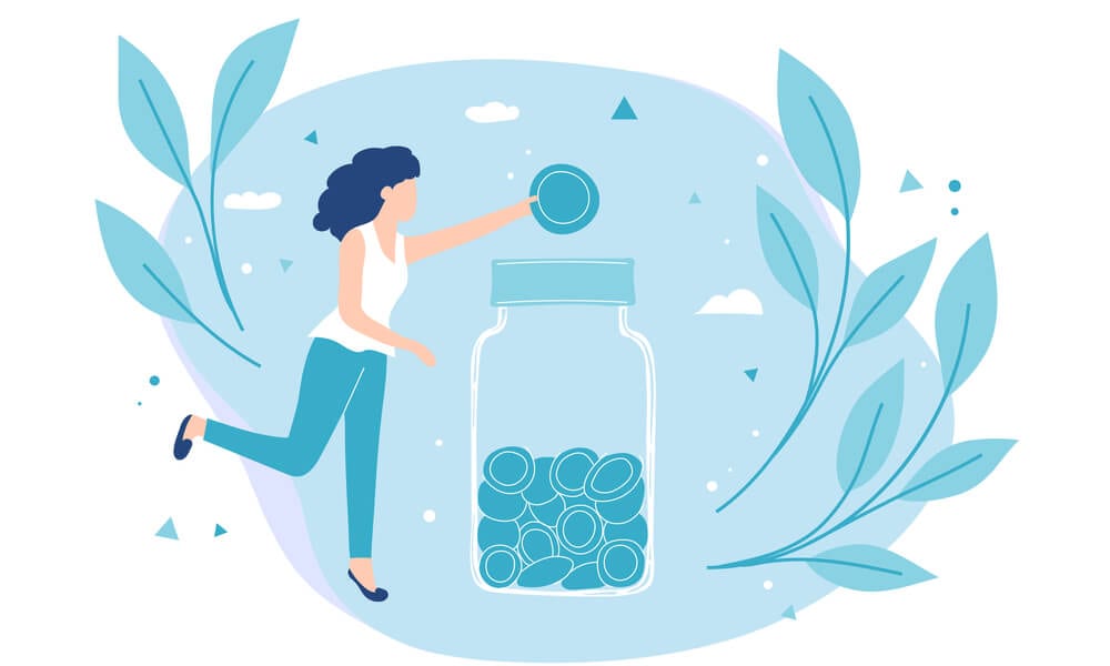 Illustration of woman putting coin into money jar