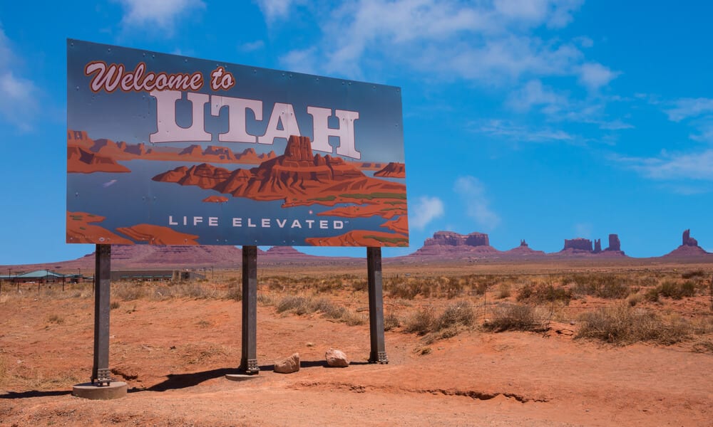 Welcome to Utah road sign in barren desert