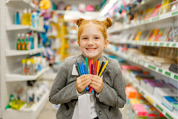 A young girl holding school supplies