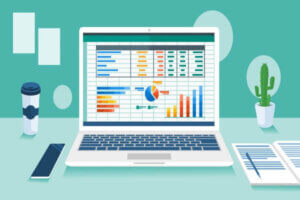 Excel style software program on laptop screen in office desk illustration for budgeting.