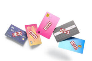 "Closed label" credit cards on white background