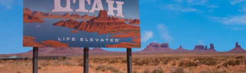 Welcome to Utah road sign in barren desert